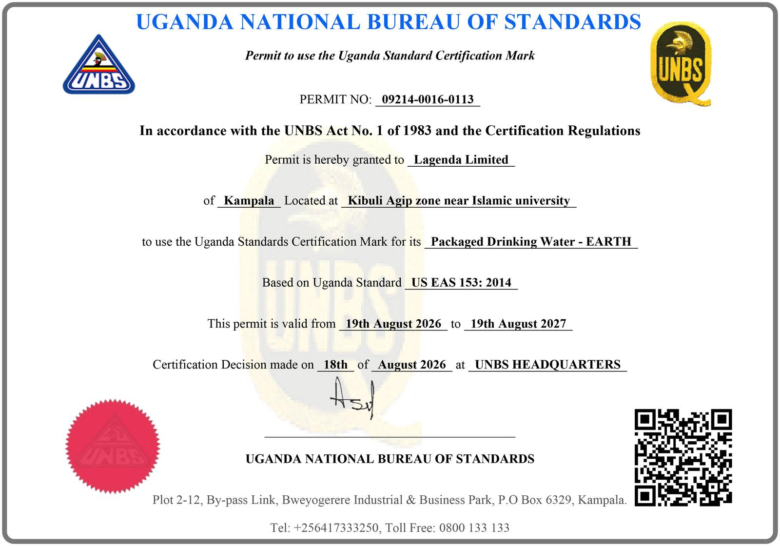 UNBS Q-Mark certificate for Earth Packaged Drinking Water, certification decision 18 August 2026